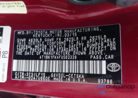 2015 Toyota Camry Xse V6 from USA, damaged, VIN 4T1BK1FK4FU563339